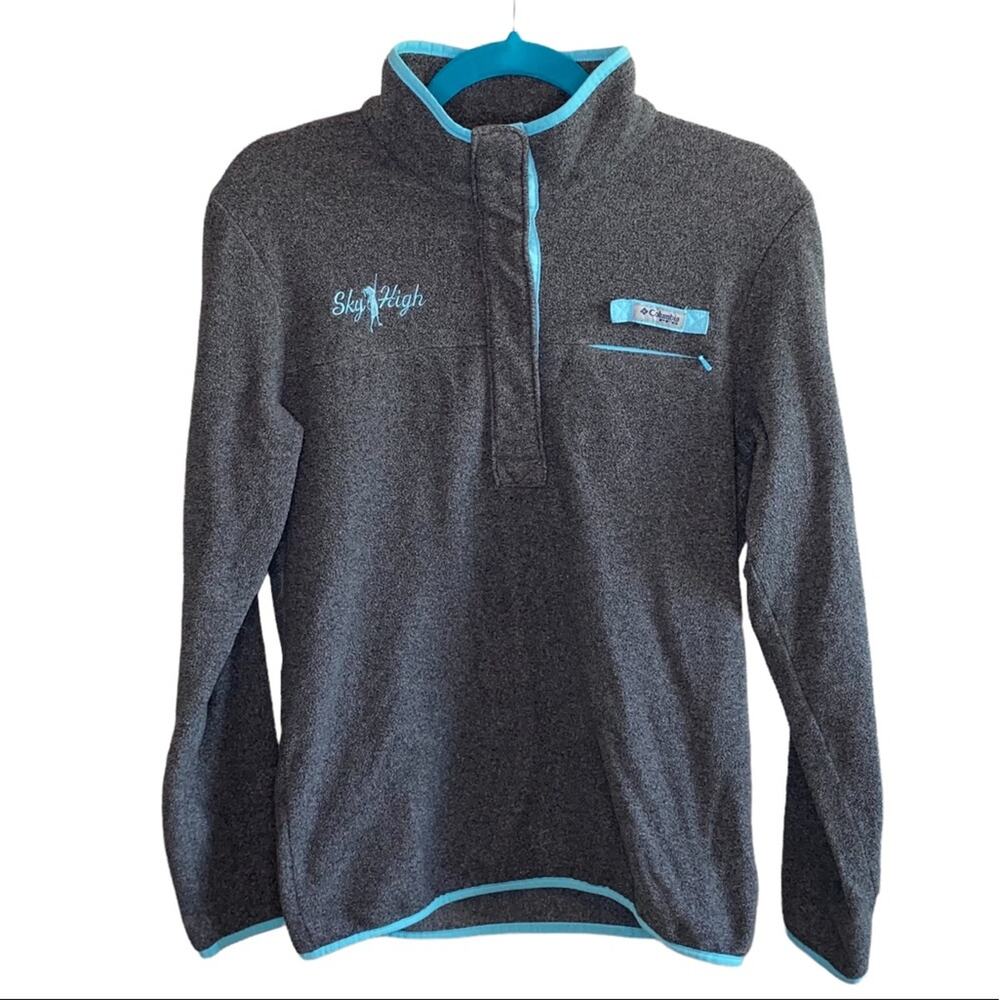 Columbia PFG Sky High Gray Fleece Pullover Quarter Zip Jacket‎ Small Teal Trim